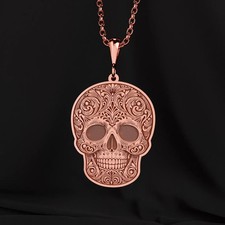 Hommes 18K or Rose Sur Orné Crane Pendentif Gravé Baroque Gothique 24 " Collier