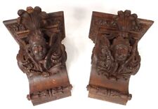 Pair of wall lamp consoles carved wood heads angels putti foliage 19th century