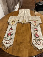 Antique French Religious Silk Altar Antependium Painted Liturgical Fabric Beaded