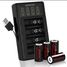 JESSPOW 4 Pack CR123A Lithium Battery 3.7V Rechargeable Batteries LED Charger...