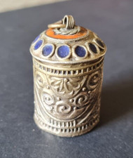 old small round Berber ethnic pillbox silver and enamels