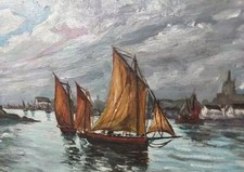 Tableau Ancien Peinture Huile Bois Marine Bord de Mer Bateau Voilier Bretagne