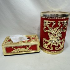 Vintage MCM Red And Gold Velvet 70’s Trash Can Waste Basket And Tissue Box Cover