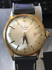 Rutex 17 Jewels Golden 34mm Leather Manual Wind Watch, Run, For Repair (Lot1905)