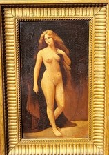 female nude. Oil painting on wood panel signed style XLXth century