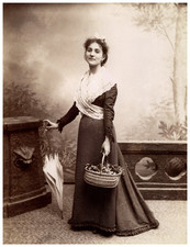 Arlesian in Traditional Suit with Umbrella and Flower Basket Vintage