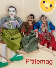 Lot trois anciennes marionnettes bois, articulées , Bouches, Yeux, Seins Mobiles