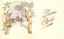Old postcard fantasy cute - landscape in a horseshoe-shaped frame