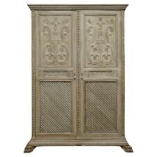 ANTIQUE JACOBEAN REVIVAL HAND CARVED ARMOIRE WARDROBE WITH GREY FRENCH PAINT