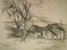 Lithographie Estampe Le Hameau