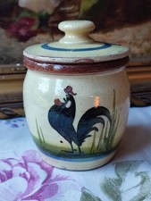 ANCIEN POT CONFITURIER TERRE CUITE VERNISSÉE COQ "HELP YOURSELF TO MARMELADE"