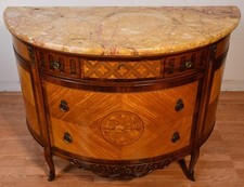 1900s Antique French Louis XV Walnut & Satinwood marble top Demi-lune Commode