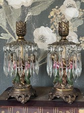 Antique Pair French Spelter Figural Girandoles with Crystal Lusters- 10" Tall