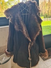 Veste en Cuir Agneau lainé véritable marron fauve à capuche, Anne SURRY T5 = 44