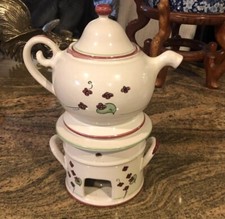 ANTIQ Hand-painted French Ceramic Tisaniere Teapot &Warmer Stand,Late 19th Cen