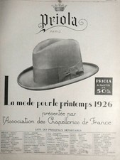 1926 PRIOLA PRESS ADVERTISEMENT MEN'S FASHION HAT FOR SPRING 1926