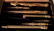 COMPAS Dessin Technique BRONZE Cercle Boîte En Bois Naturel VINTAGE