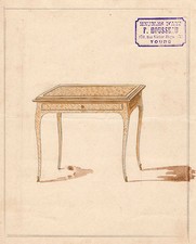 Dessin aquarelle maison HOUSSEAU - Etude mobilier - début XX -table marqueterie