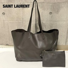 SAINT LAURENT Sac Shopping Tote Bag with Pouch Charcoal Gray Leather