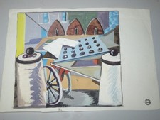 FRENCH SCHOOL XX DRAWING WATERCOLOR LANDSCAPE CUBISM ART DECO STAMP WORKSHOP 1940