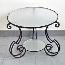 TABLE D'APPOINT GUERIDON TABLE BASSE VINTAGE 1950 METAL NOIR & VERRE GIVRE 50S