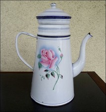 ANTIQUE LARGE ENAMELED COFFEE MAKER FLORAL ROSE DECOR COFFEE POT GRANITEWARE