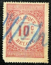 TIMBRE DE BELGIQUE : VIGNETTE TAXES " AFFICHES " 10 CENTIMES Oblitéré DEFECTUEUX