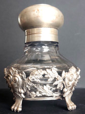 Antique Napoleon III Inkwell era crystal and silver metal inkwell
