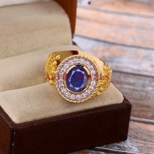 Chauffé Saphir Gemme Avec Plaqué Or 925 Argent Sterling Homme Bague #4914