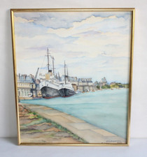 Antique Signed Watercolor Painting, Port of Saint Malo, Dated 1960, Boats