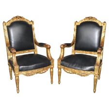 Fantastic Pair of French Gilded Fauteuil à la Reine Leather Armchairs 1890s
