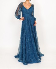 Robe cérémonie mariage bleu petrole en dentelle manche longue Taille 38
