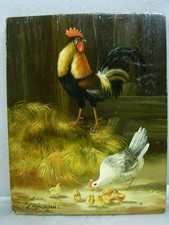 🇫🇷 PEINTURE SUR BOIS BASSE COUR COQ POULE POUSSIN TABLEAU signé ZOUAOUI
