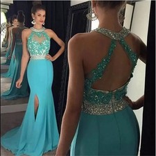 Turquoise Robe De Soiree Mermaid Halter Chiffon Lace Beaded Backless Sexy Long