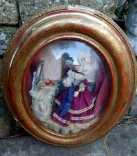 Diorama Doll Antique Painting Wall Toilet Scene Frame Oval Domed Glass