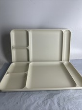 2 Vintage Tupperware Divided Meal Trays 2535 Almond 9” X 15” Cafeteria Camping