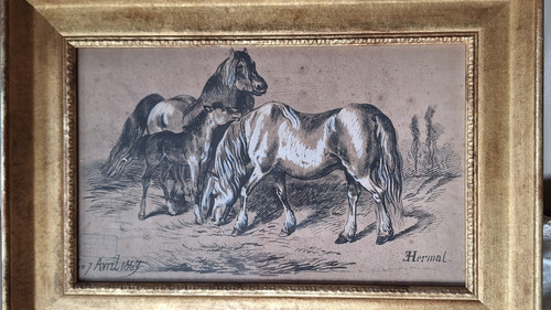 Tableau scene chevaux signe - ,