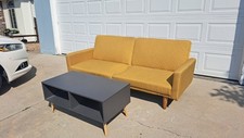 Modern Mustard Yellow Futon Sofa Bed 76'' + Gray Coffee Table Bundle Pickup Only