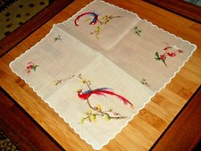 Linge ancien Mouchoir Pochette Vintage peint " oiseaux de Paradis " 