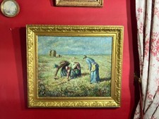 Antique oil on canvas depicting "Les Glaneuses" by Millet