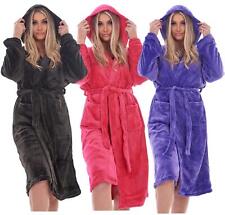 Womens Fleece Dressing Gowns Plain Soft Pockets Hooded Warm Snuggle Robes