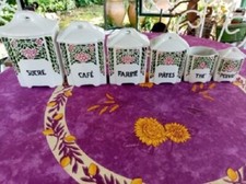 6 pots à Epices Condiment Cuisine Céramique anciens Art Déco Floral Rose et Vert