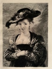 Rubens Rajon Gravure Eau Forte Etching Portrait femme elegante chapeau de paille