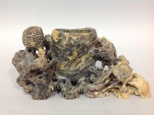 CHINA Lava Rinse Brush Hard Stone Bacon Sculpture Rodent & Mushroom