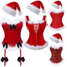 Womens Christmas Lingerie Sexy Santa Claus Outfits Corset Tops with Santa Hat