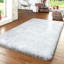 Tapis Moderne Salon Poils Longs Shaggy Uni Avec Fil Brillant Blanc