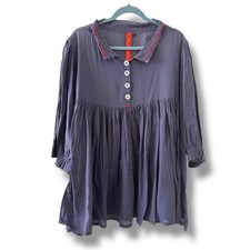 Ewa i Walla Navy Blue Distressed Raw Smock Tunic Top Women’s Size XL Cottage