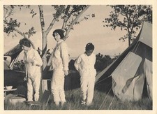 OLD PHOTOGRAPH CAMPING WOMEN AND CHILD OUTSIDE TENT PAJAMAS