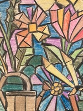 Tres beau Dessin Fleur Ciseaux Crayon Couleur Plante Papier 1950 Ancien Art