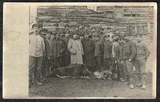 Old postcard photo card German military return from hunting wild boars and deer